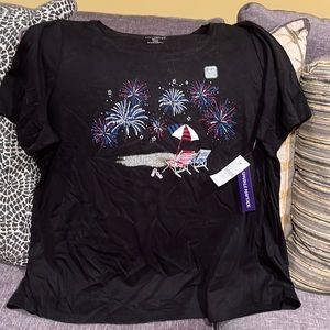 Sparkle May Fade black Tshirt with red, white and blue sparkles and beach theme.